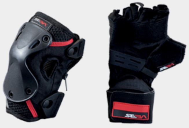 Seba protection pack with a pair of gloves to protect the wrists and a pair of knee pads with zip